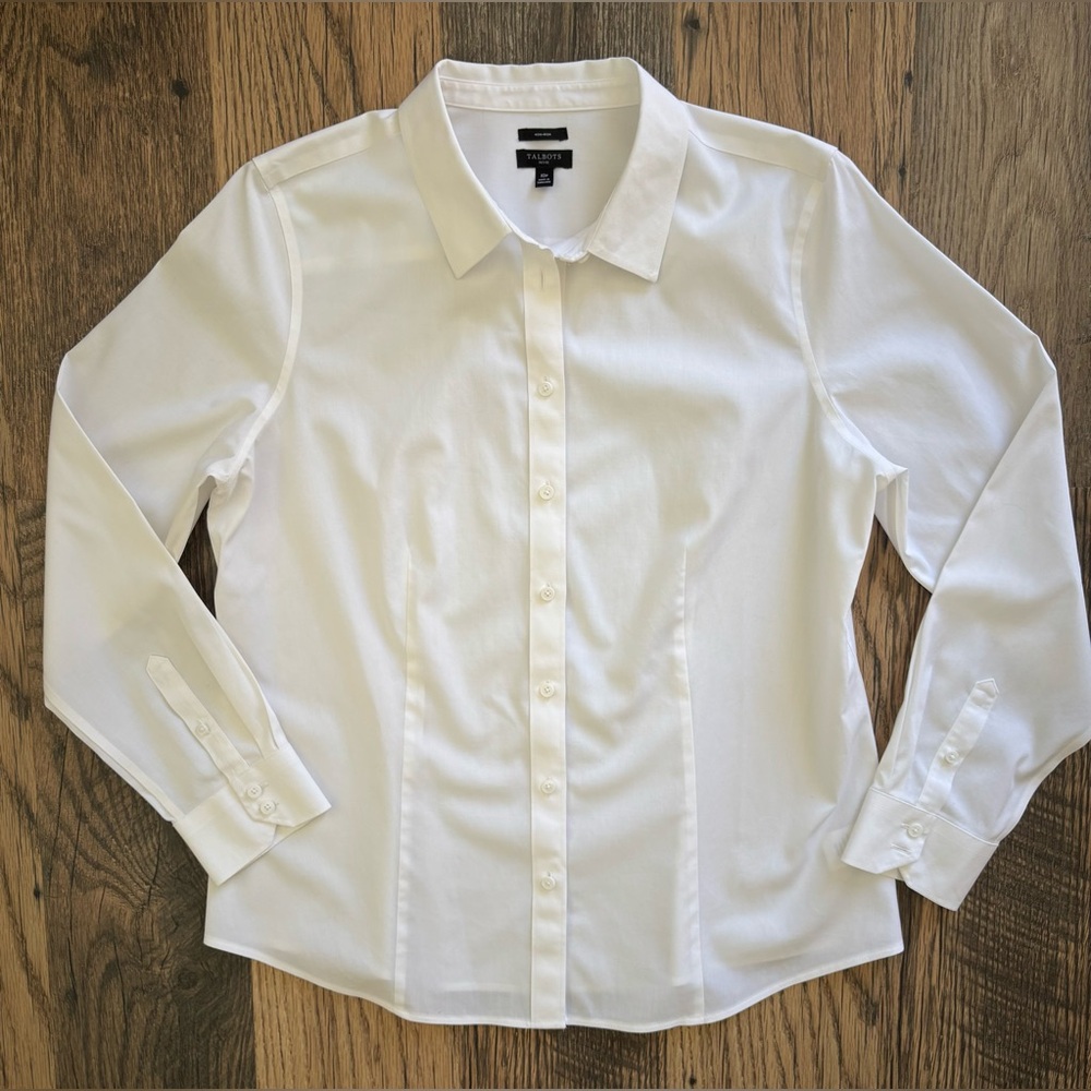 Talbots Womens White Solid Button Up Long Sleeve … - image 1